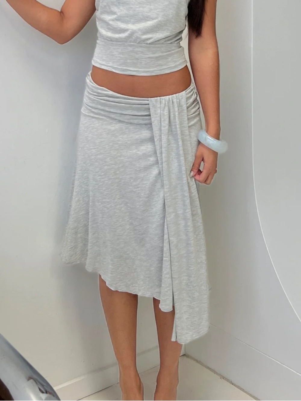 Princess Polly Light Gray Asymmetric Midi Skirt with Draped Panel